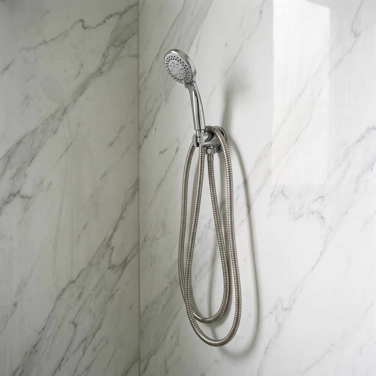 Flexible de douche inox dans une douche en marbre blanc Image