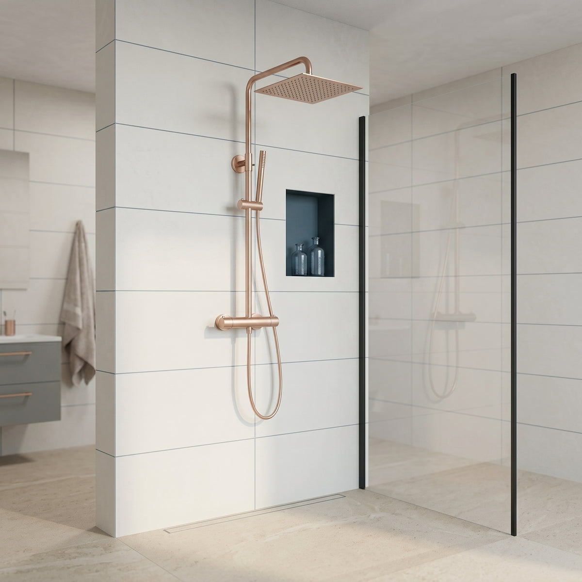 Colonne de douche thermostatique carrée or rose brossé Anthéor — vue 2