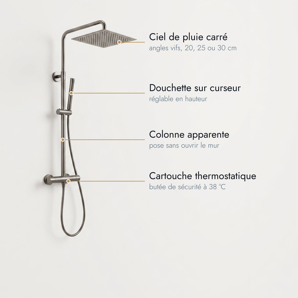 Colonne de douche thermostatique carrée gris brossé Anthéor, caractéristiques annotées