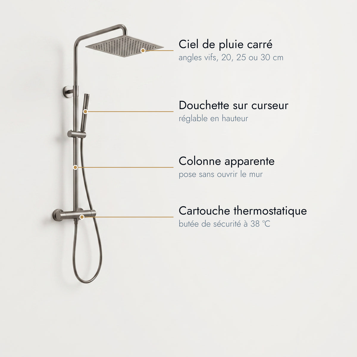 Colonne de douche thermostatique carrée gris brossé Anthéor, caractéristiques annotées
