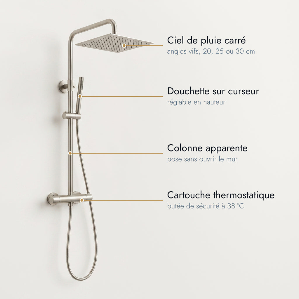 Anthéor | Colonne de douche thermostatique carrée nickel brossé