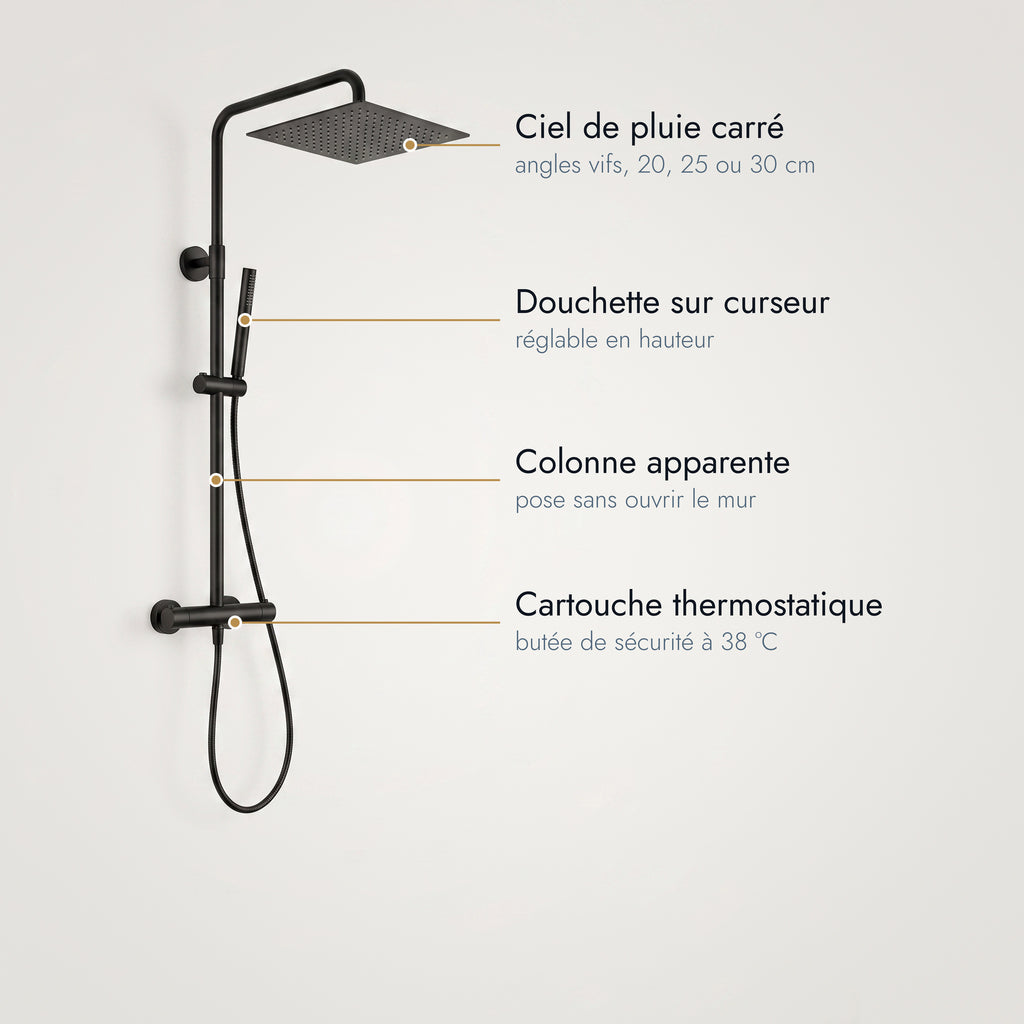 Anthéor | Colonne de douche thermostatique carrée noir mat
