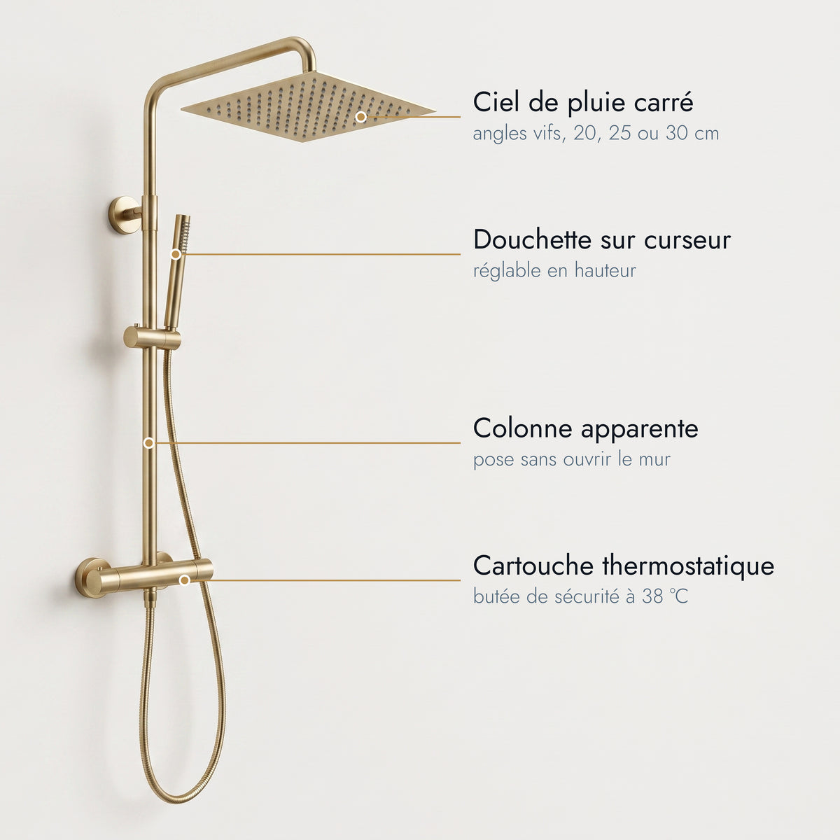 Colonne de douche thermostatique carrée or brossé Anthéor, caractéristiques annotées