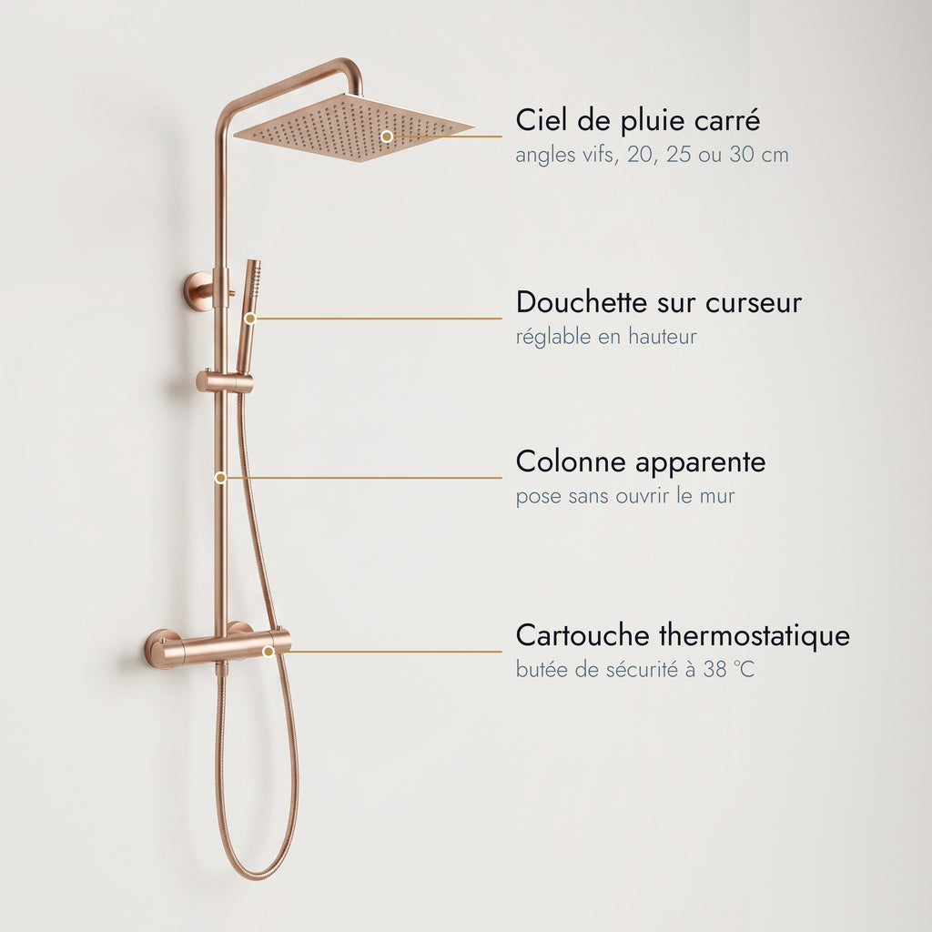 Anthéor | Colonne de douche thermostatique carrée or rose brossé