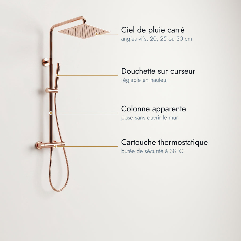 Anthéor | Colonne de douche thermostatique carrée or rose poli