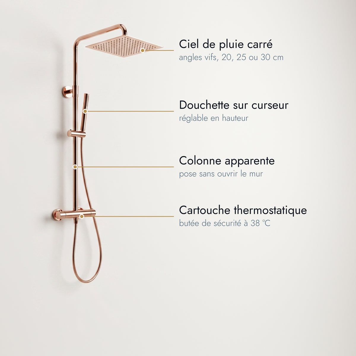Anthéor | Colonne de douche thermostatique carrée or rose poli