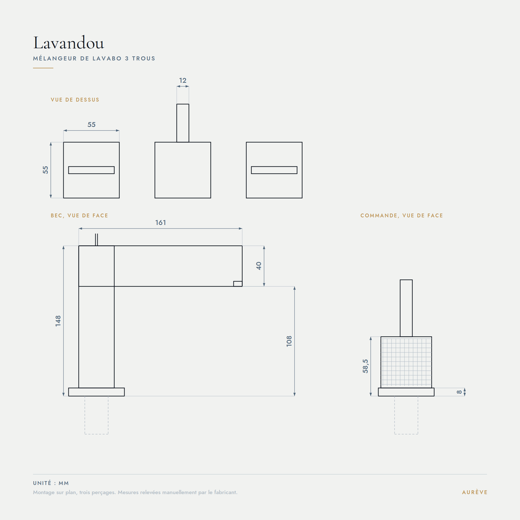 Schéma technique coté mélangeur de lavabo 3 trous Lavandou