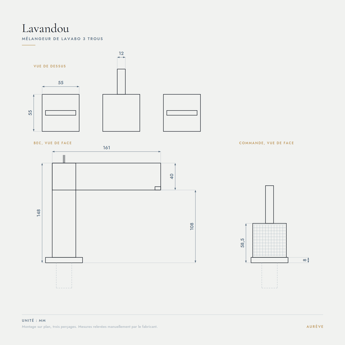 Lavandou | Mélangeur lavabo 3 trous noir mat