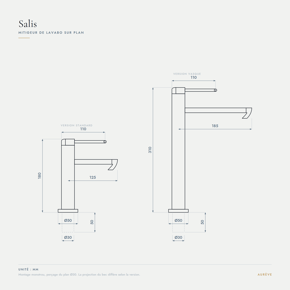 Salis | Mitigeur lavabo sur plan gris brossé