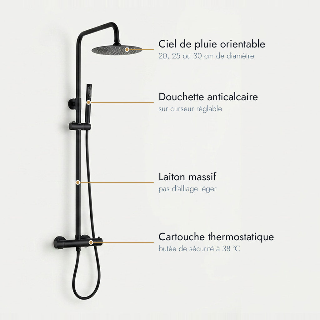 Colonne de douche thermostatique noir mat Cassis, caractéristiques annotées