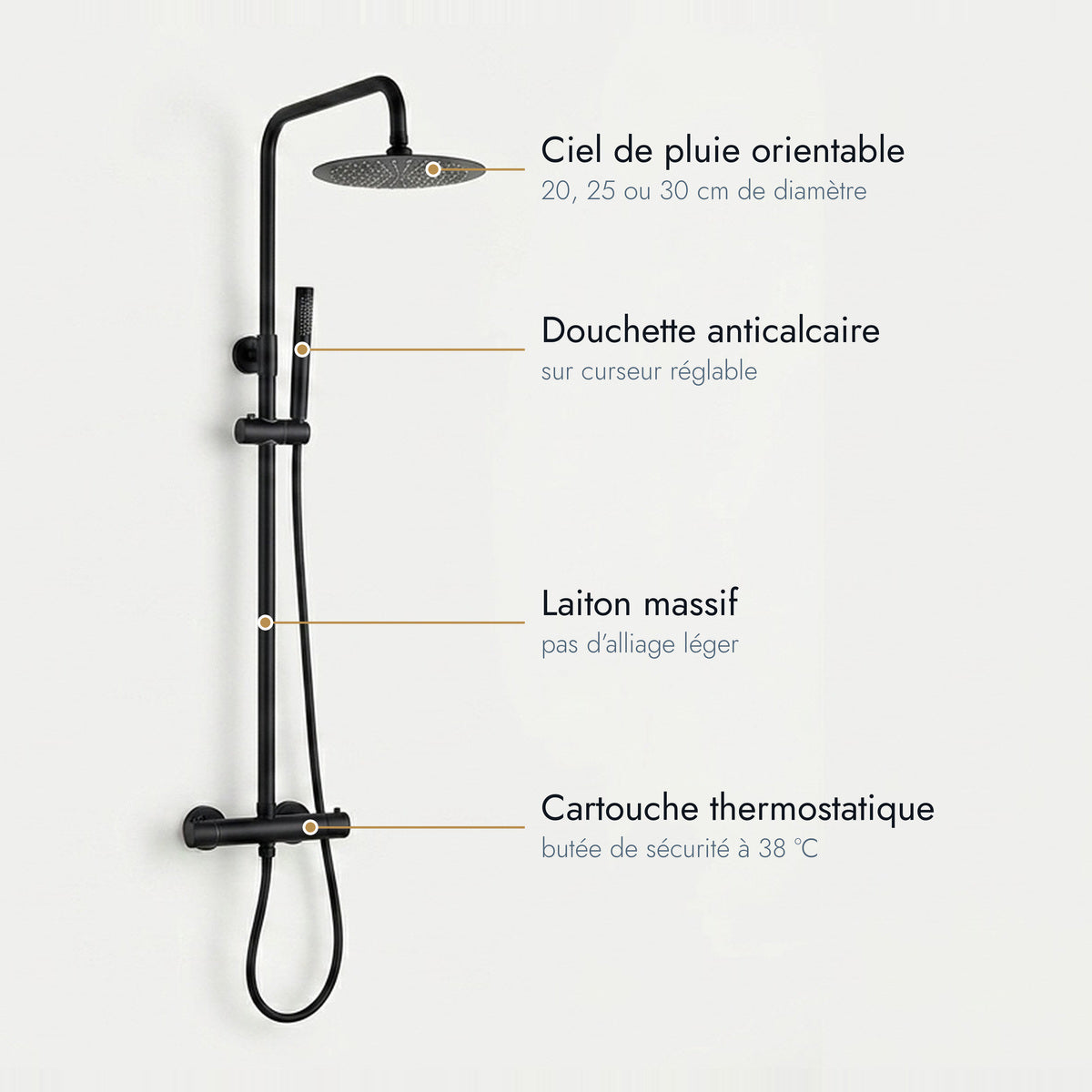Colonne de douche thermostatique noir mat Cassis, caractéristiques annotées