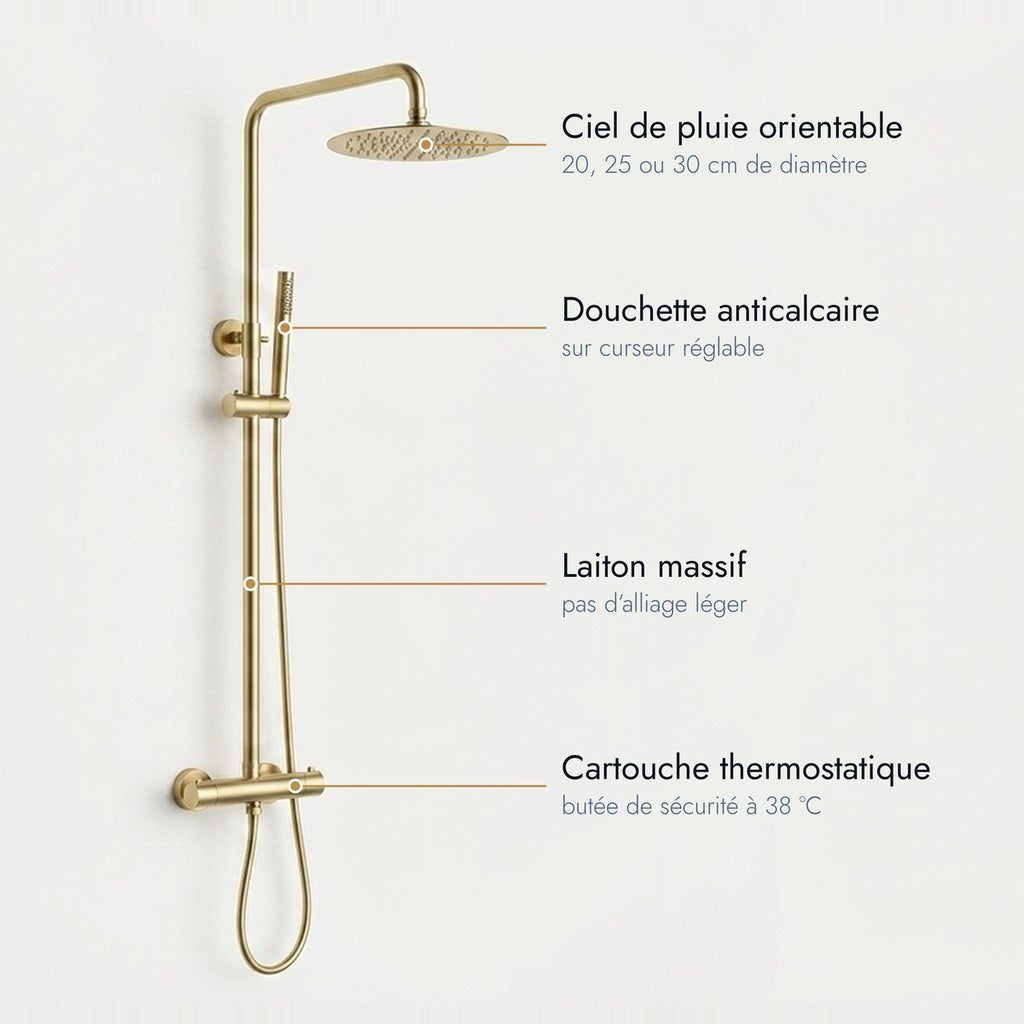 Colonne de douche thermostatique or brossé Cassis, caractéristiques annotées
