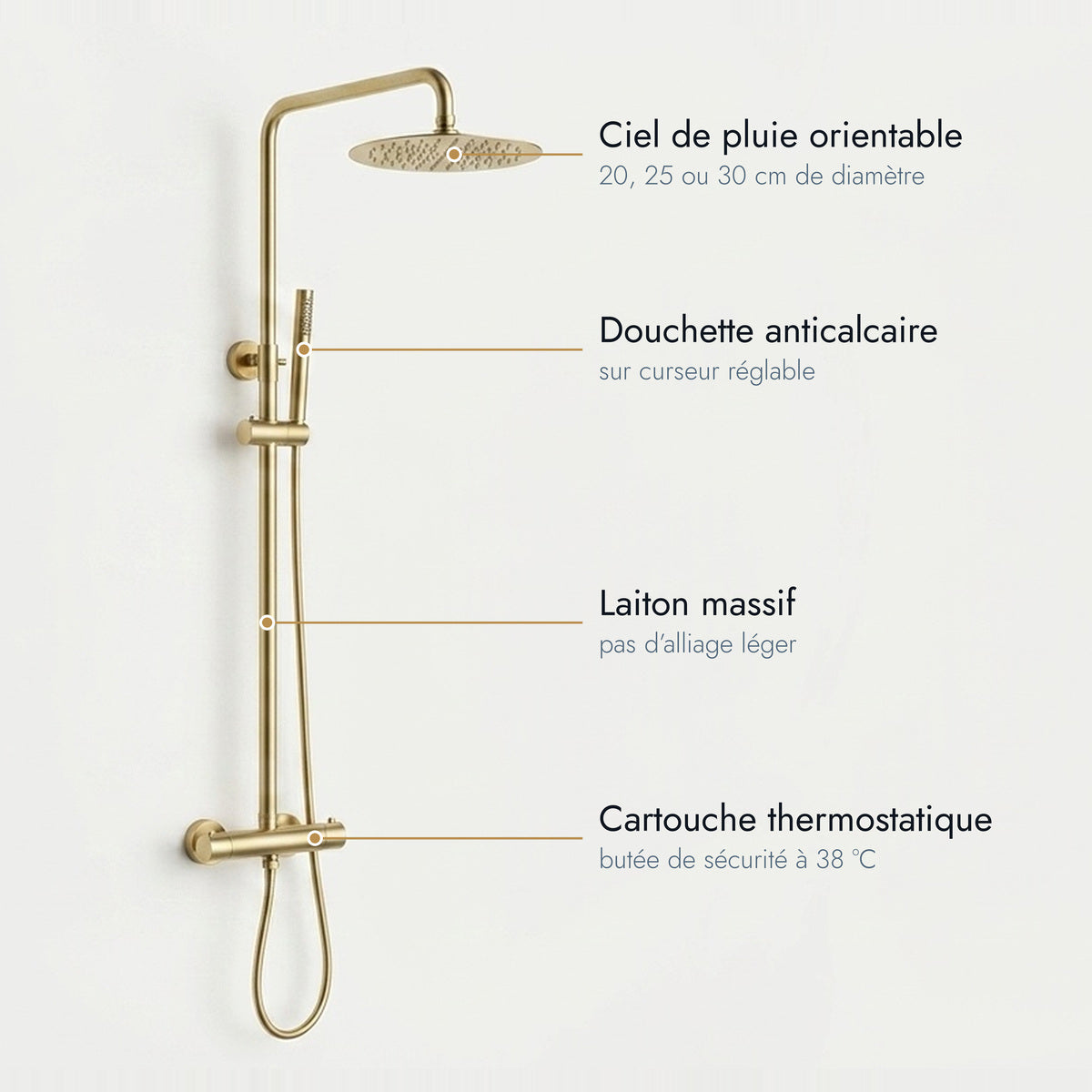Colonne de douche thermostatique or brossé Cassis, caractéristiques annotées