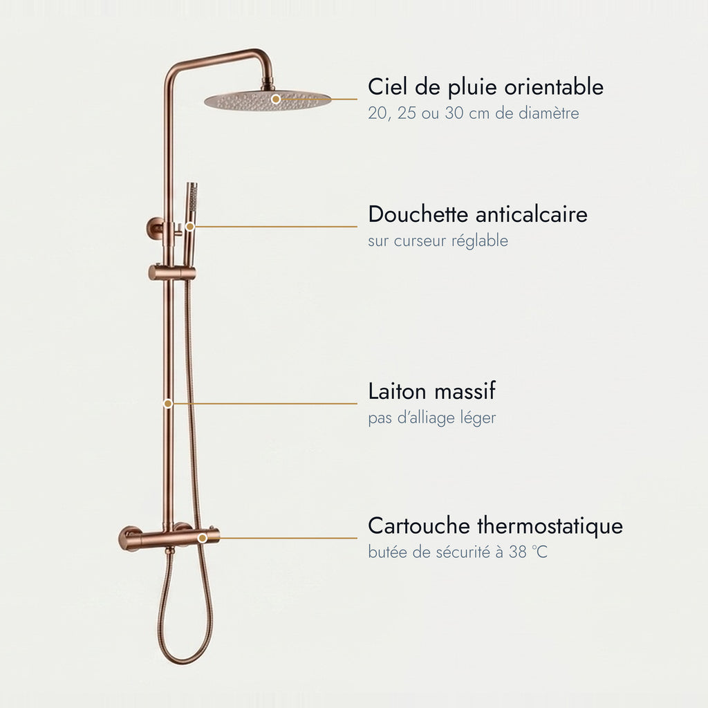 Colonne de douche thermostatique or rose brossé Cassis, caractéristiques annotées