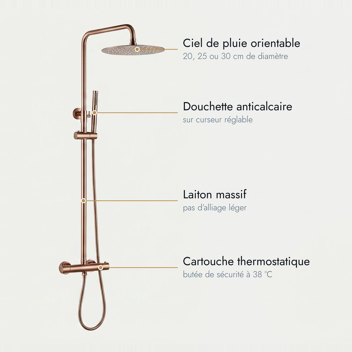 Colonne de douche thermostatique or rose brossé Cassis, caractéristiques annotées