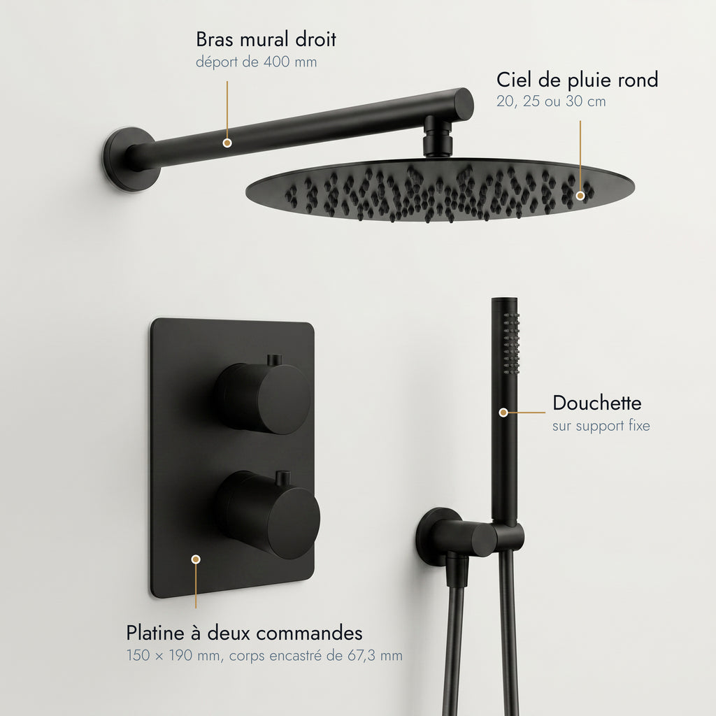 Estérel | Colonne de douche encastrable bras droit noir mat