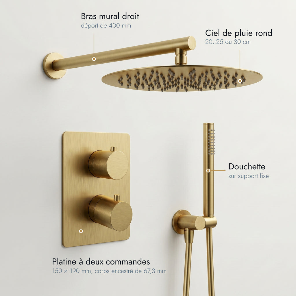 Estérel | Colonne de douche encastrable bras droit or brossé