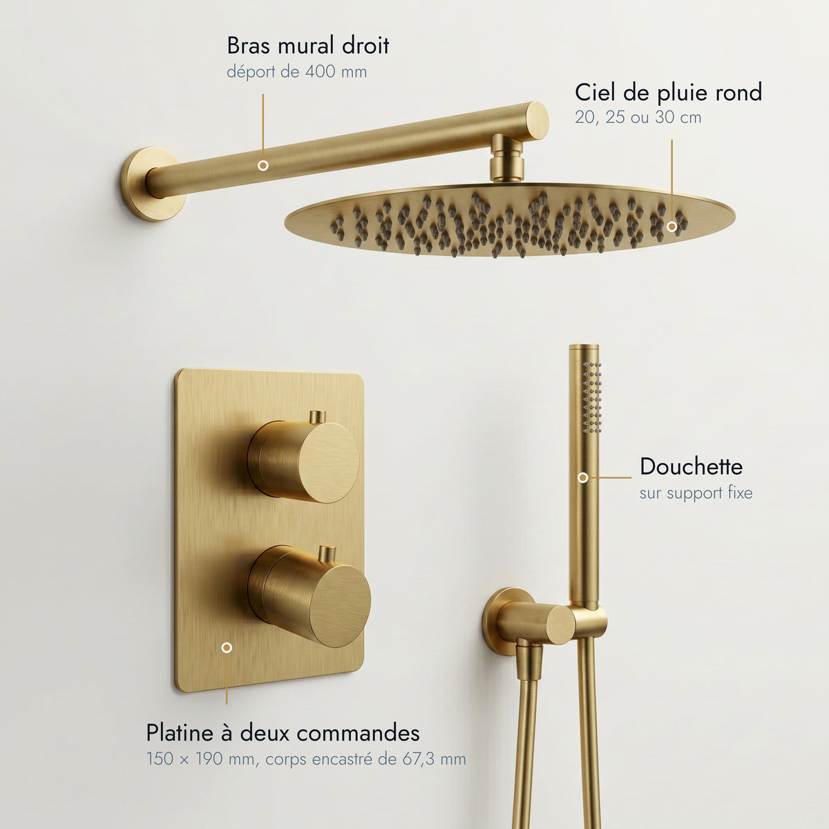 Estérel | Colonne de douche encastrable bras droit or brossé