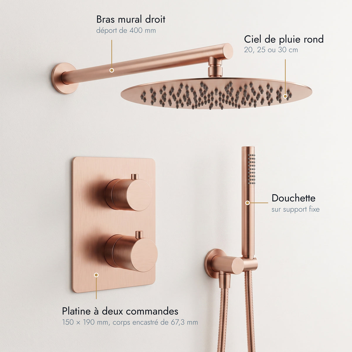 Estérel | Colonne de douche encastrable bras droit or rose brossé