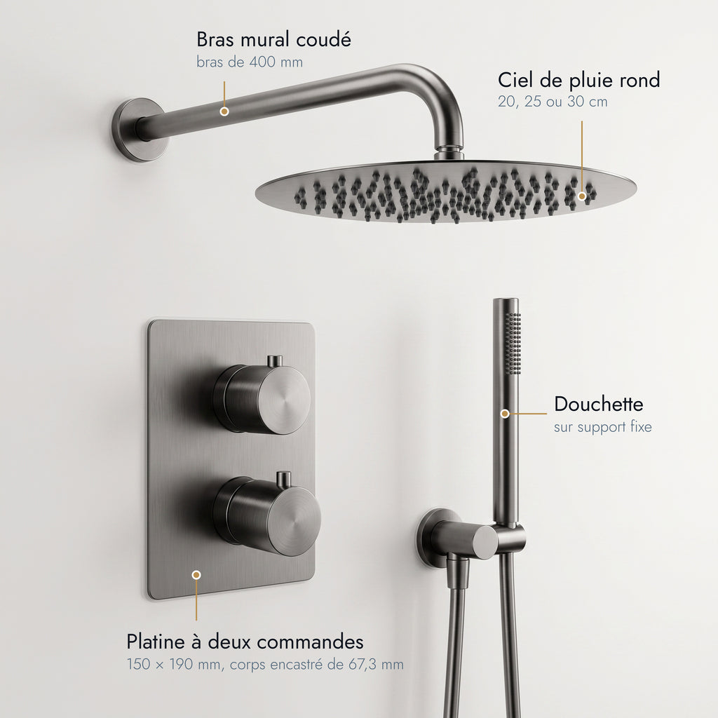 Estérel | Colonne de douche encastrable bras coudé gris brossé