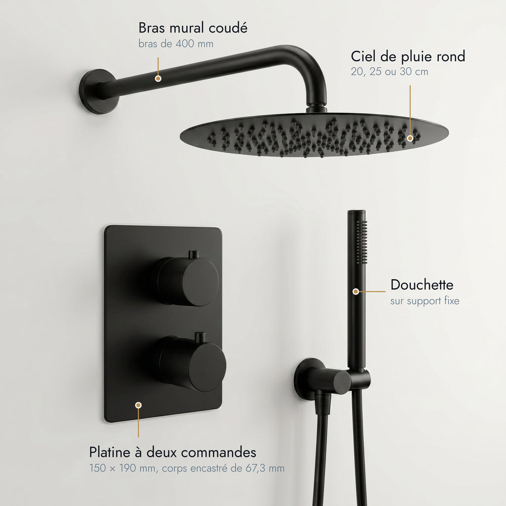 Colonne de douche encastrable bras coudé noir mat Estérel, caractéristiques annotées