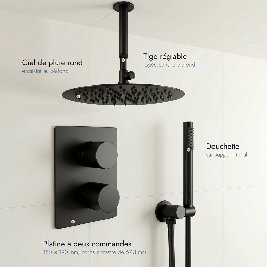 Estérel | Colonne de douche encastrable plafond encastré noir mat