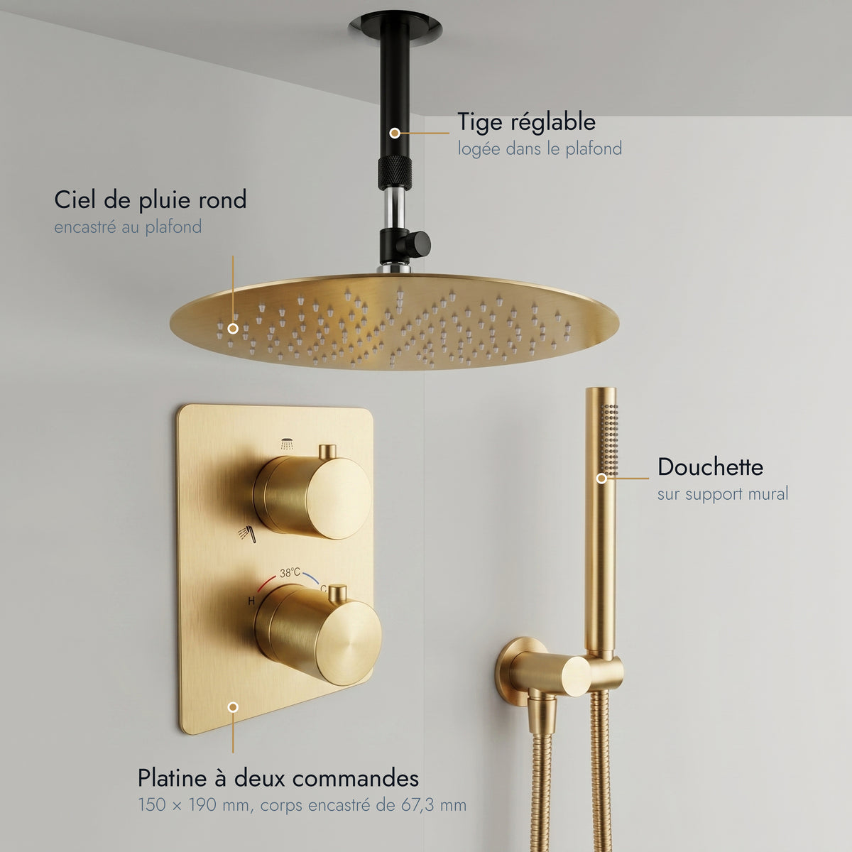 Estérel | Colonne de douche encastrable plafond encastré or brossé