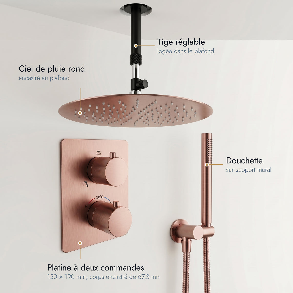 Estérel | Colonne de douche encastrable plafond encastré or rose brossé