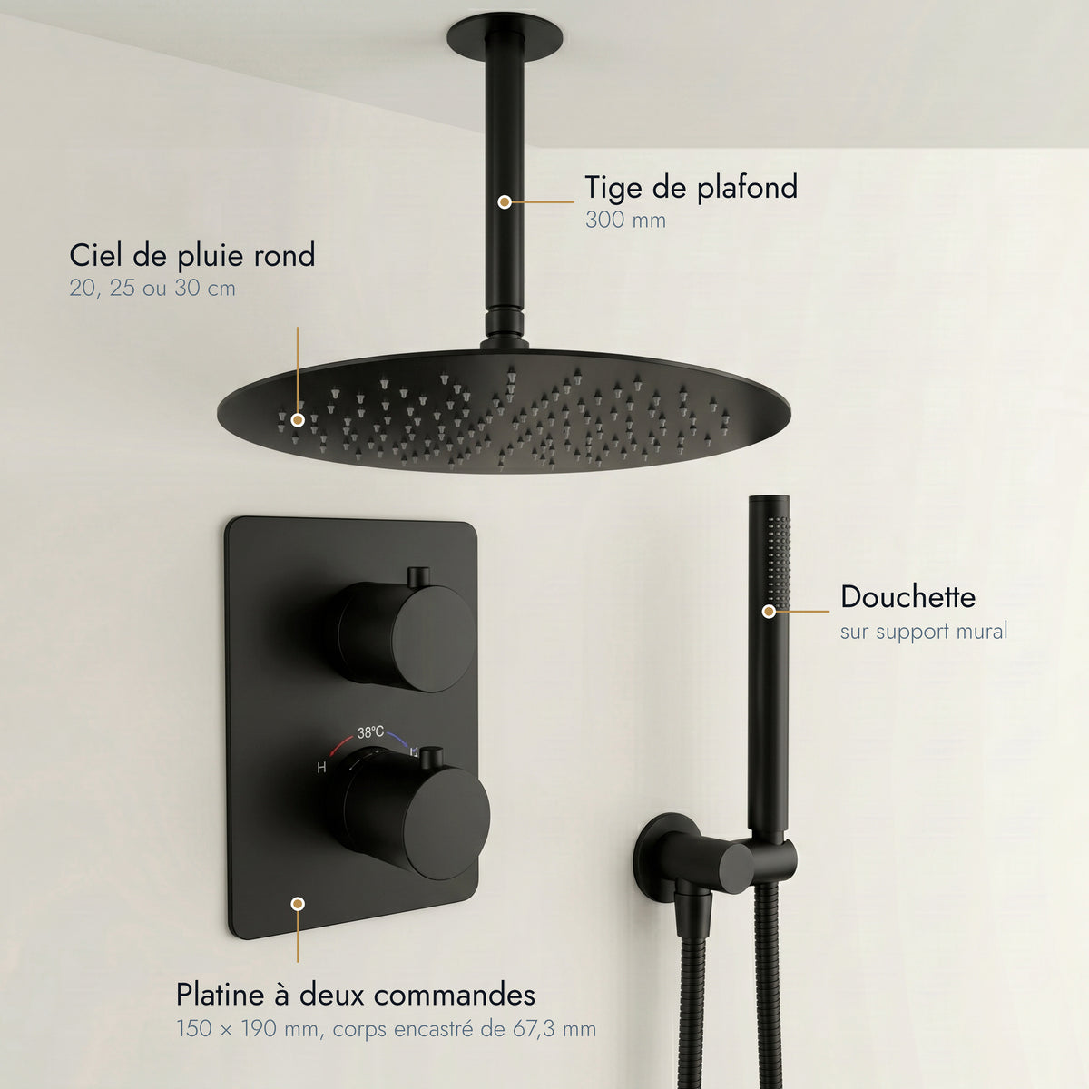 Estérel | Colonne de douche encastrable plafond suspendu noir mat