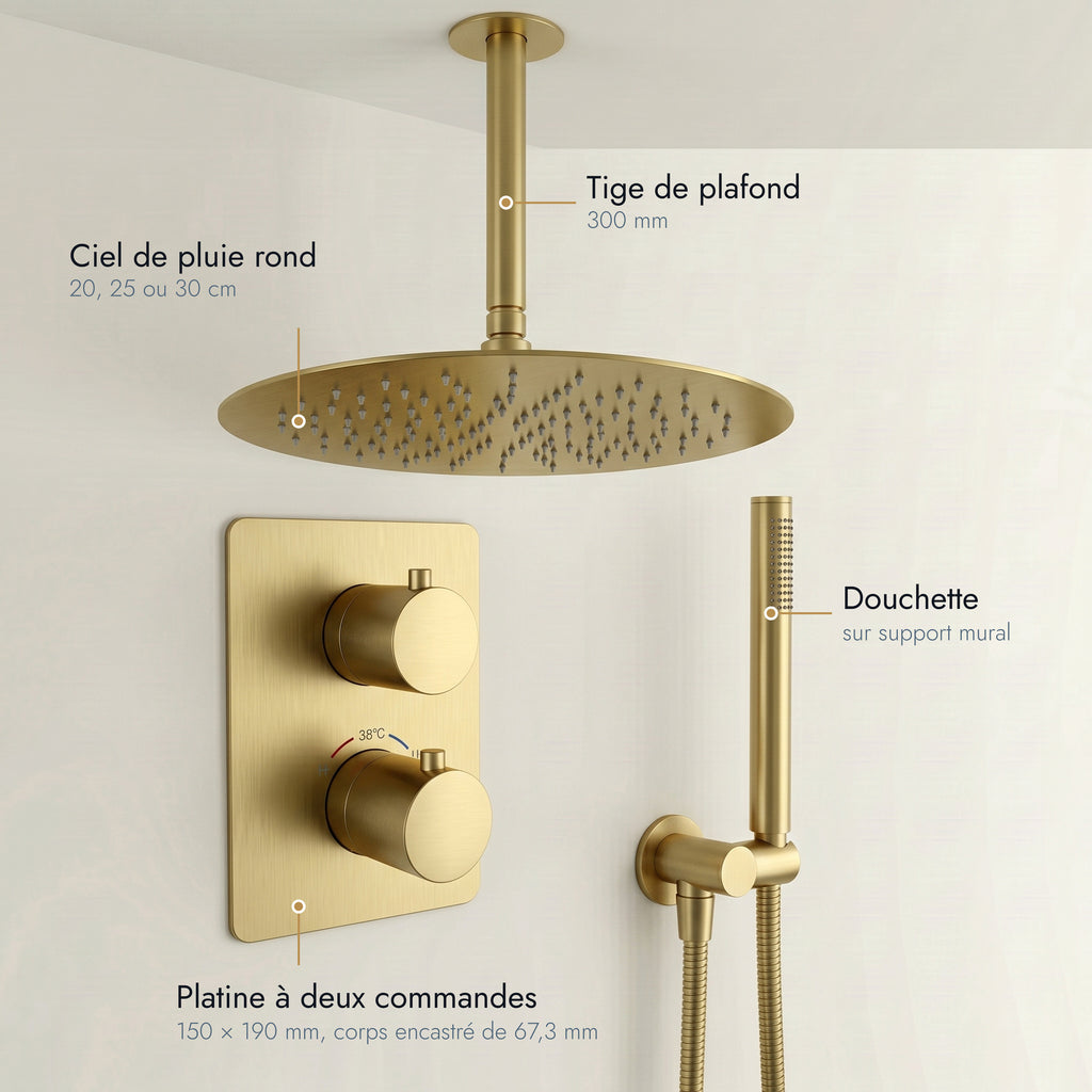 Estérel | Colonne de douche encastrable plafond suspendu or brossé