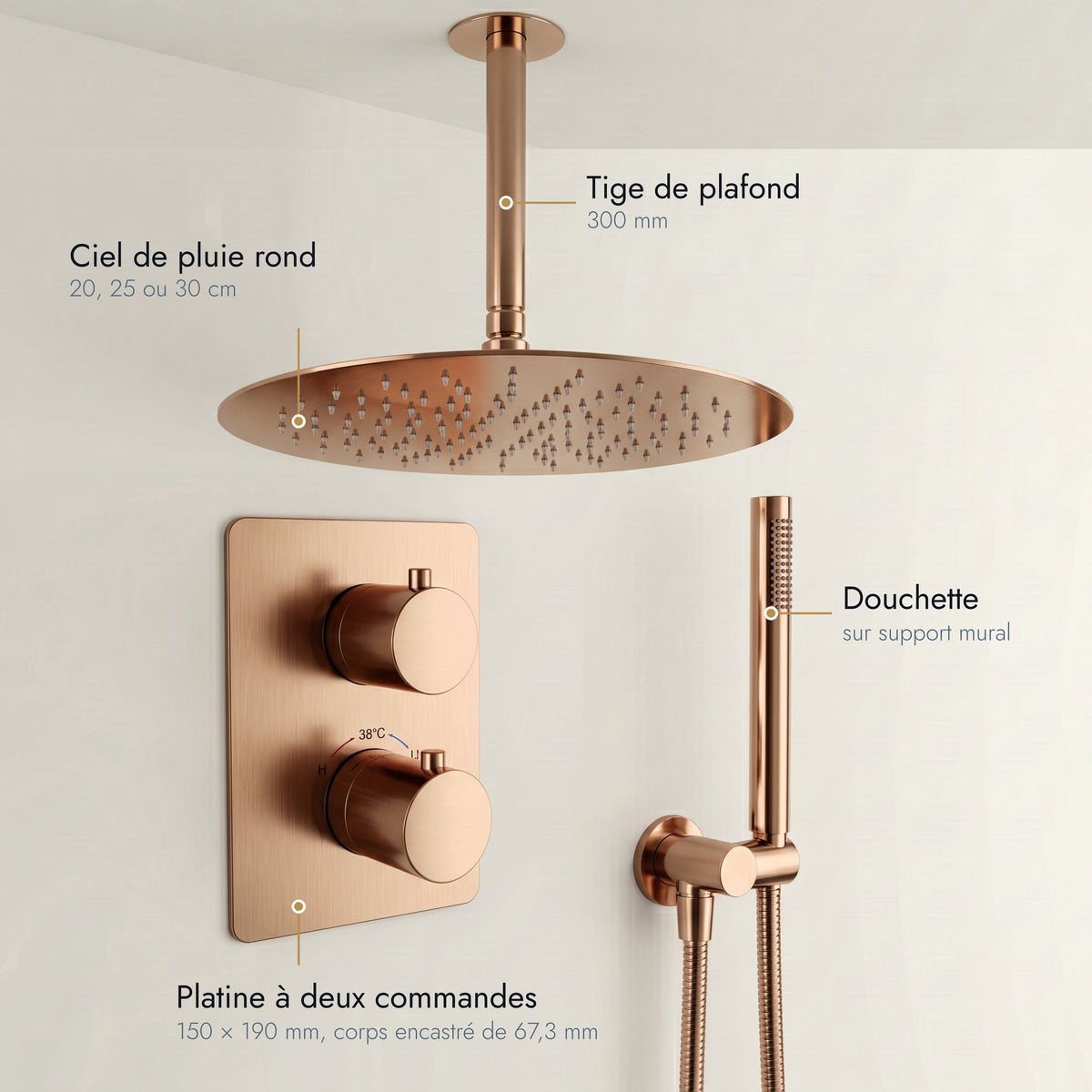 Estérel | Colonne de douche encastrable plafond suspendu or rose brossé