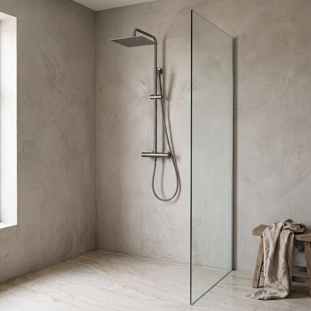 Colonne de douche thermostatique carrée gris brossé Anthéor installée dans une douche à l'italienne