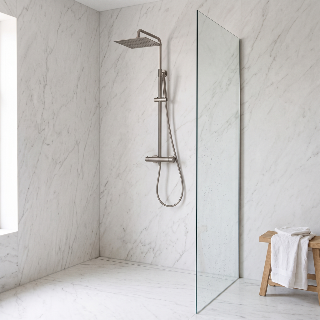 Colonne de douche thermostatique carrée nickel brossé Anthéor installée dans une douche à l'italienne en marbre blanc