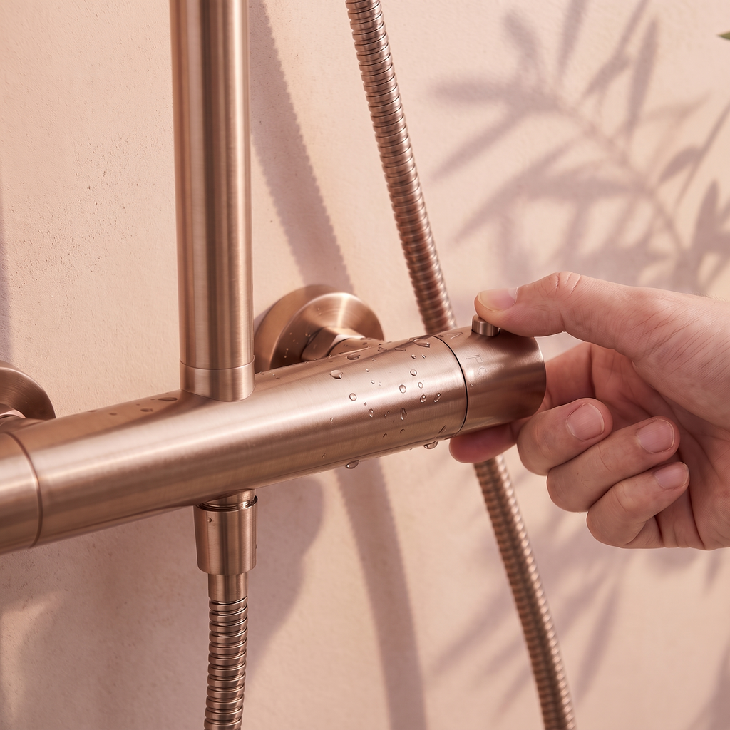 Commande thermostatique de la colonne Cassis or rose brossé, bouton de sécurité à 38 °C
