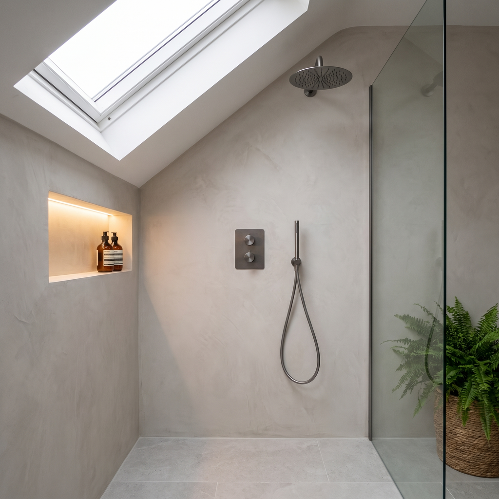 Colonne de douche encastrable bras coudé gris brossé Estérel dans une douche sous les toits en micro-ciment