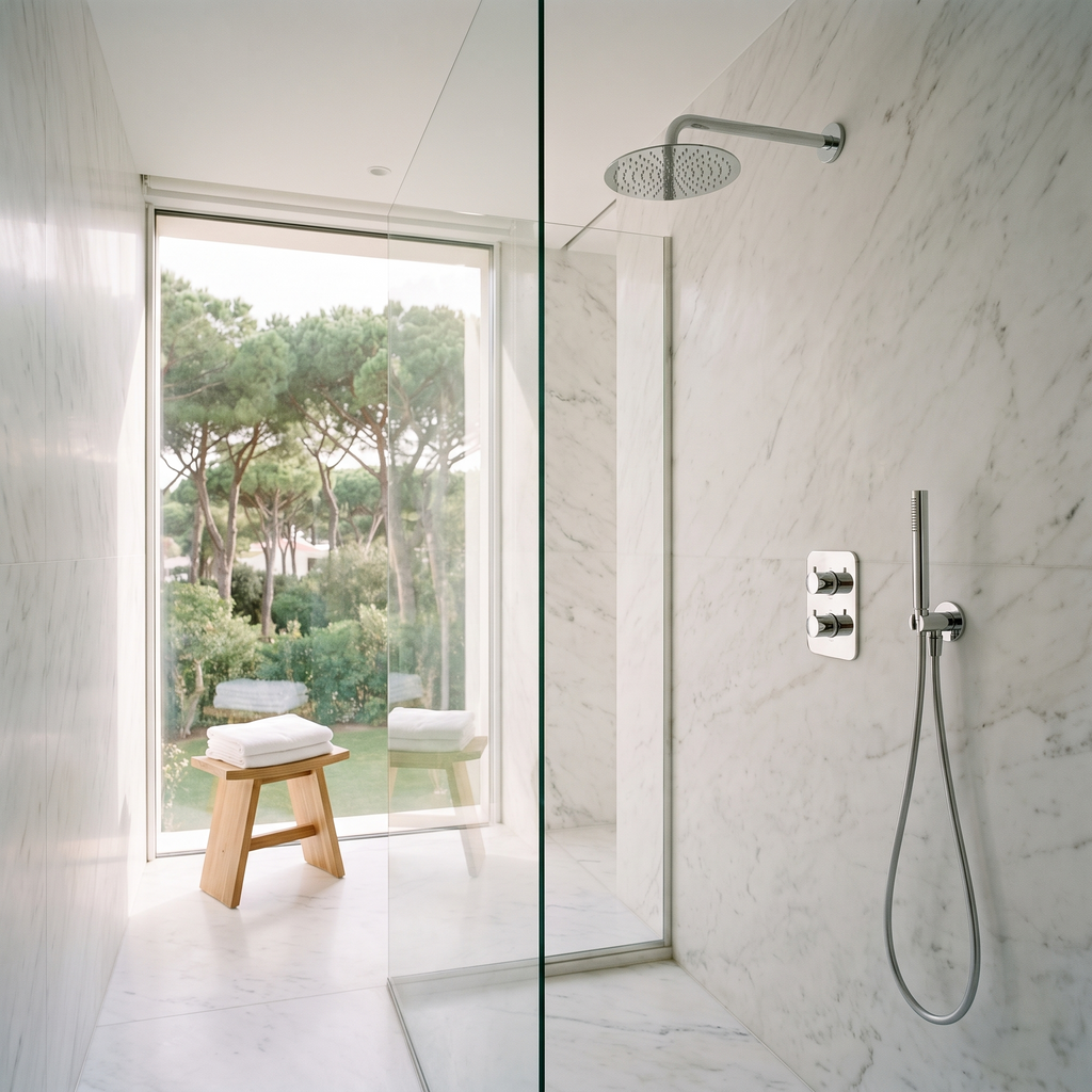 Colonne de douche encastrable bras coudé chrome poli Estérel dans une villa côtière en marbre blanc