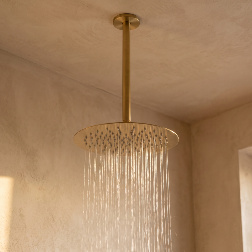 Ciel de pluie rond sur tige de plafond de la colonne Estérel or brossé en fonctionnement