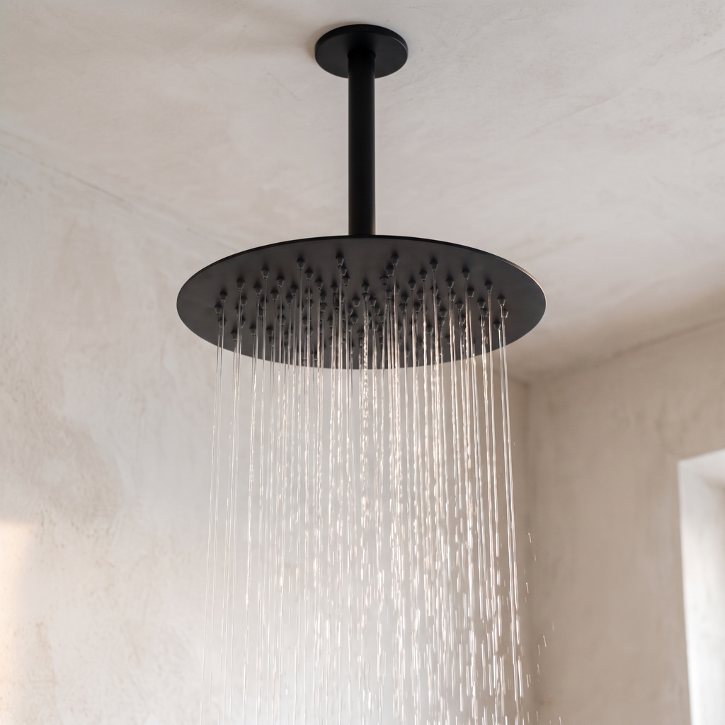 Ciel de pluie rond sur tige de plafond de la colonne Estérel noir mat en fonctionnement