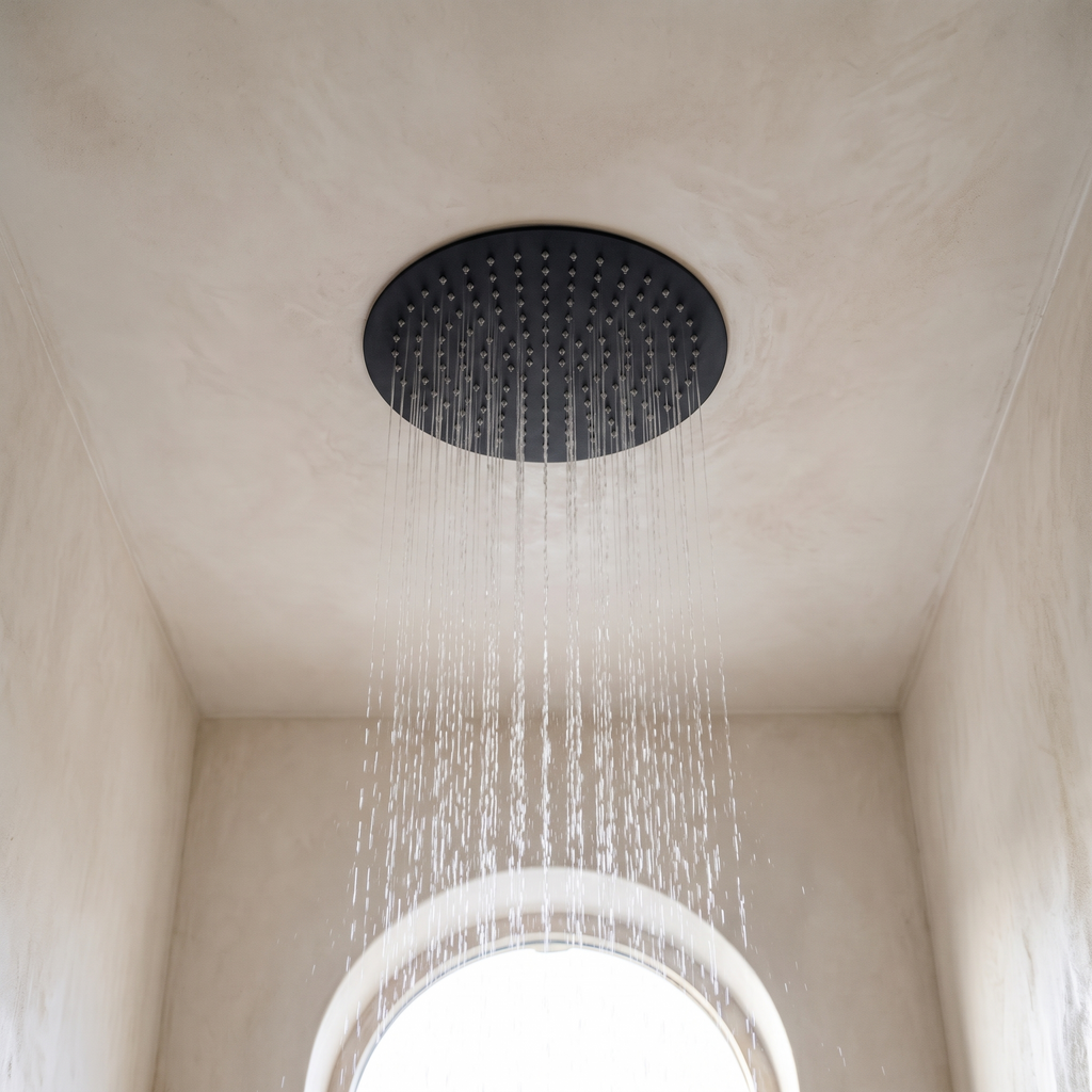 Ciel de pluie rond encastré au plafond de la colonne Estérel noir mat en fonctionnement