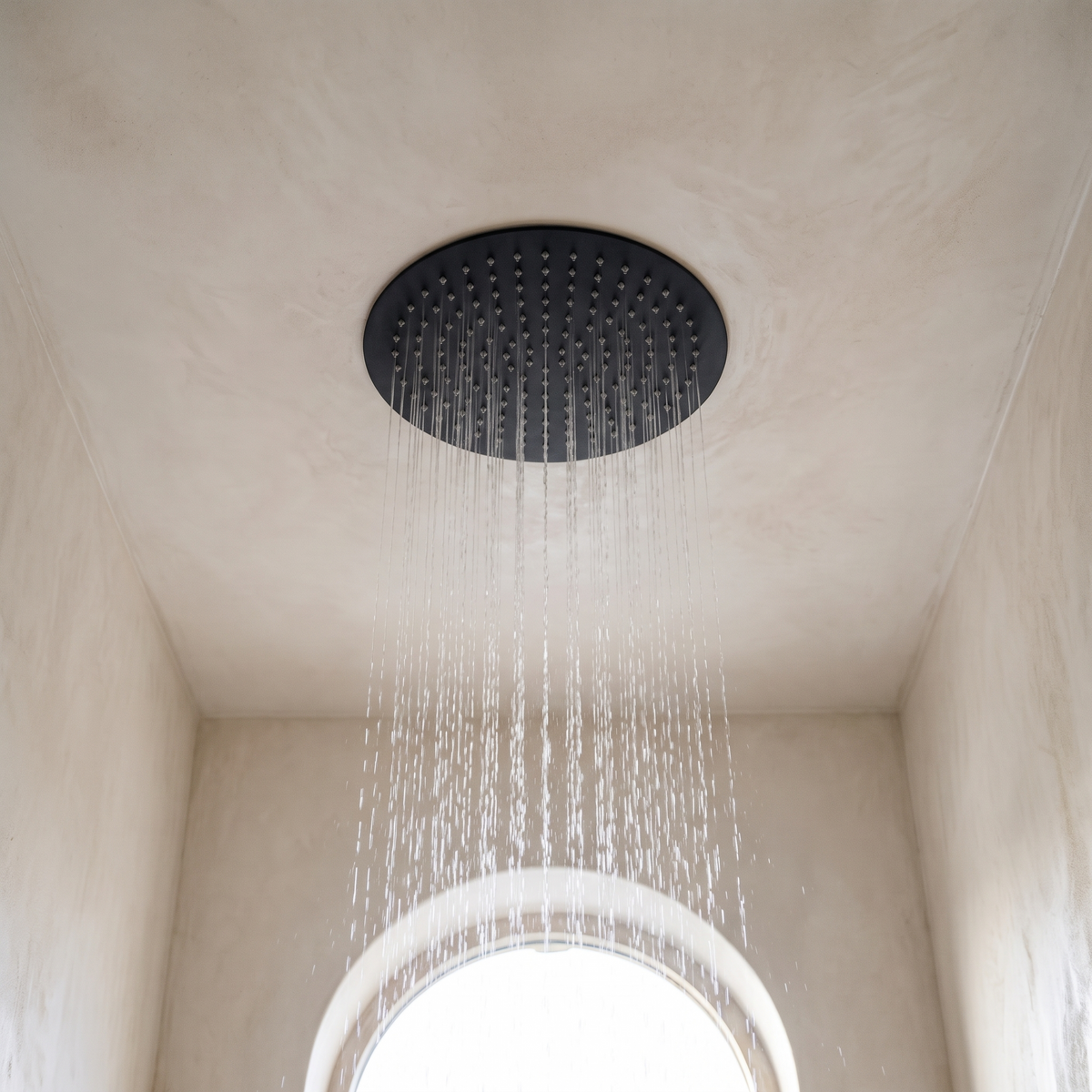 Ciel de pluie rond encastré au plafond de la colonne Estérel noir mat en fonctionnement