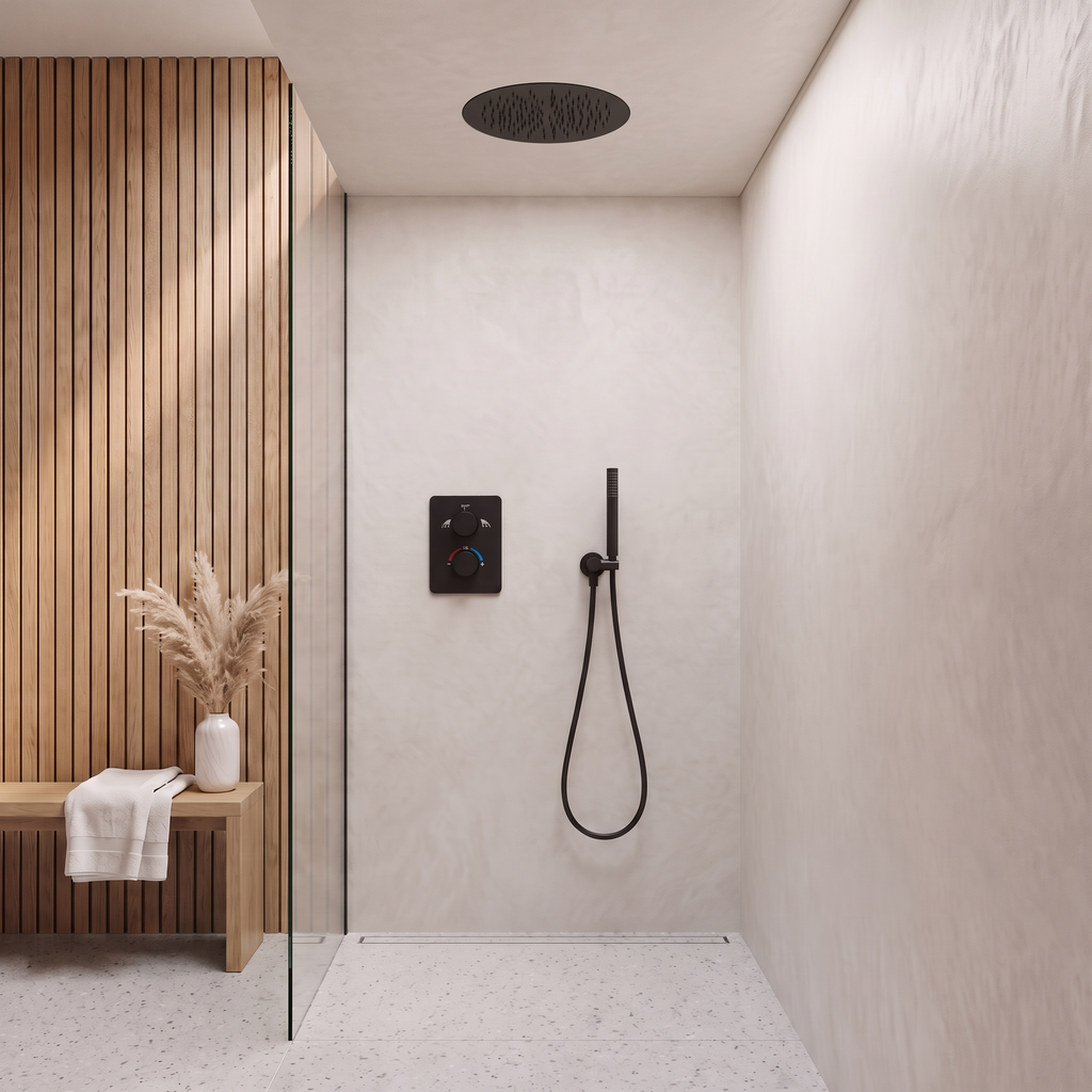 Colonne de douche encastrable plafond encastré noir mat Estérel, ciel de pluie noyé dans le plafond d'une douche lumineuse