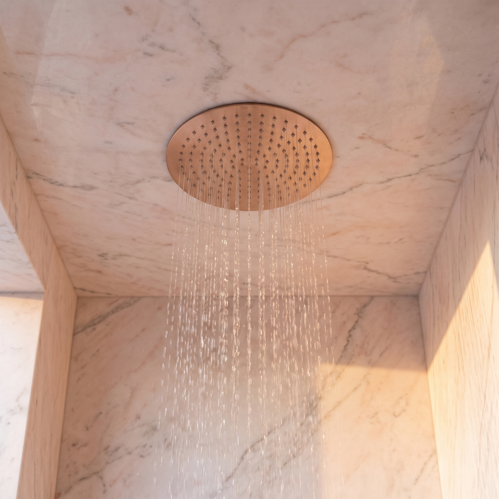Ciel de pluie rond encastré au plafond de la colonne Estérel or rose brossé en fonctionnement